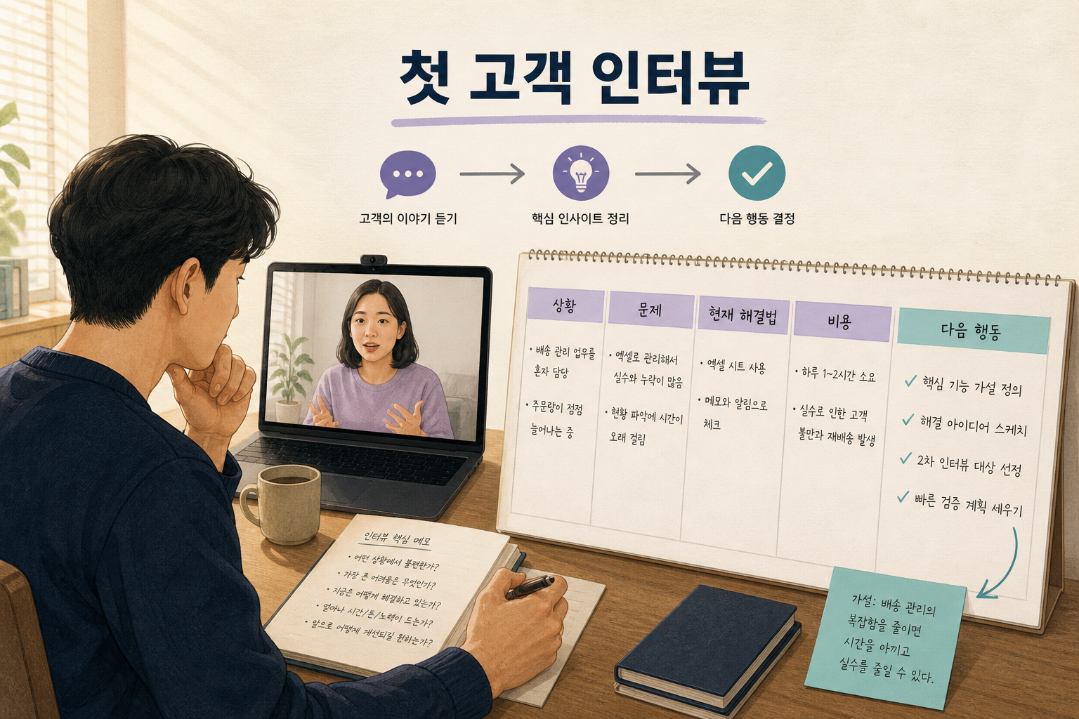 고객의 최근 행동을 상황·문제·현재 해결법·비용·다음 행동으로 정리하는 첫 인터뷰 흐름