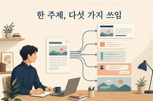 한 주제에서 다섯 가지 콘텐츠 역할로 나누는 콘텐츠 재활용 일러스트
